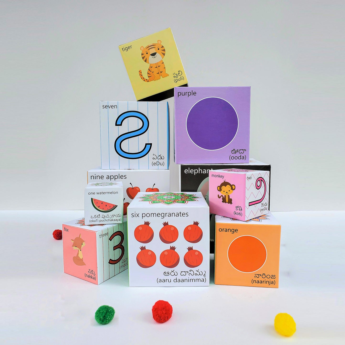 Telugu blocks learn colours, numbers, animals, fruits and counting. Stack them up or nest them. Play based educational toys.