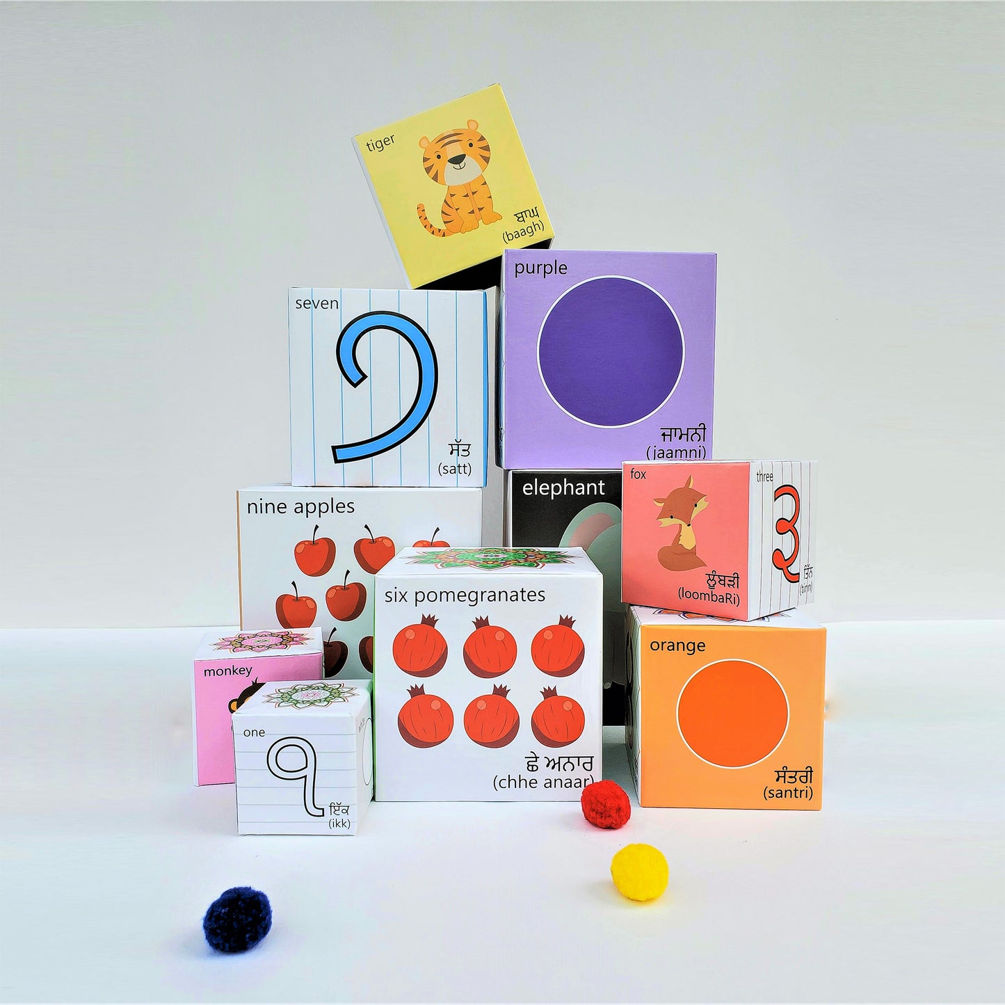 Punjabi blocks learn colours, numbers, animals, fruits and counting. Stack them up or nest them. Play based educational toys. Panjabi