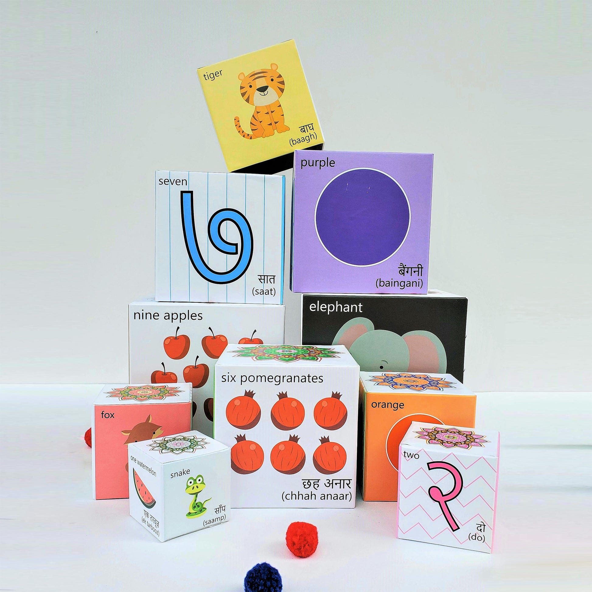 Hindi blocks learn colours, numbers, animals, fruits and counting. Stack them up or nest them. Play based educational toys.