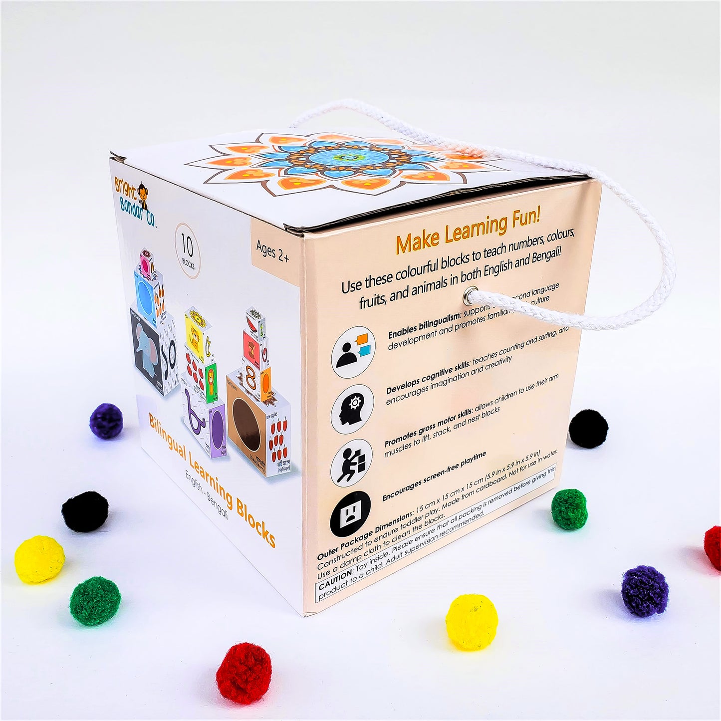Outer carrying box of bilingual blocks - learn colours, numbers, animals, fruits and counting. Stack them up or nest them. Play based educational toys. South Asian toys